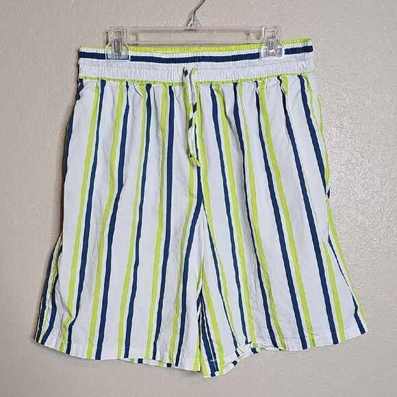 By Anthropologie Boxy Bermuda Shorts Medium Striped White Blue and Green - Picture 2 of 7